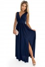  490-1 SUSAN Long brocade dress with a neckline and stitching at the waist - navy blue 