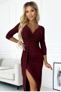 404-5 Shiny dress with a neckline and a slit on the leg - Burgundy color 