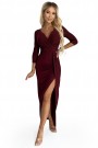  404-5 Shiny dress with a neckline and a slit on the leg - Burgundy color 