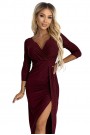  404-5 Shiny dress with a neckline and a slit on the leg - Burgundy color 