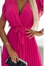  424-2 Chiffon pleated dress with a neckline and frills - pink barbie color 