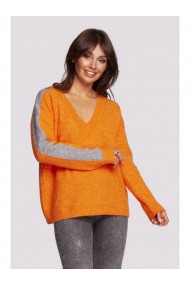 BK093 Pulovers džemperis ar kontrastējošu svītru uz piedurknēm - gaiši oranžs