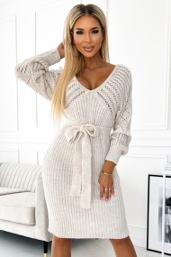  507-1 Openwork sweater dress with a neckline and ties - beige 