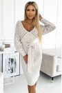  507-1 Openwork sweater dress with a neckline and ties - beige 