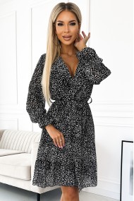  506-1 Chiffon dress with a neckline, ruffles and a belt - black and white pattern 