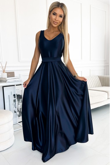  508-1 CINDY long satin dress with a neckline and bow - navy blue 