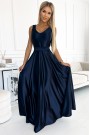  508-1 CINDY long satin dress with a neckline and bow - navy blue 