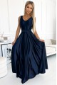 508-1 CINDY long satin dress with a neckline and bow - navy blue 