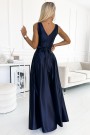  508-1 CINDY long satin dress with a neckline and bow - navy blue 