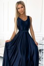  508-1 CINDY long satin dress with a neckline and bow - navy blue 
