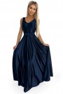  508-1 CINDY long satin dress with a neckline and bow - navy blue 