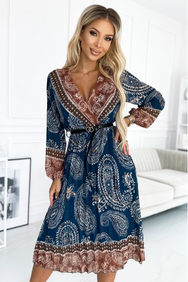  510-1 Pleated midi dress with a neckline, long sleeves and a black belt - blue and brown pattern 