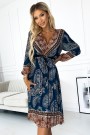  510-1 Pleated midi dress with a neckline, long sleeves and a black belt - blue and brown pattern 