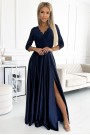  309-7 AMBER lace long satin dress with a neckline - dark blue 