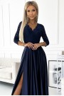  309-7 AMBER lace long satin dress with a neckline - dark blue 