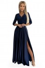  309-7 AMBER lace long satin dress with a neckline - dark blue 