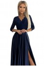  309-7 AMBER lace long satin dress with a neckline - dark blue 
