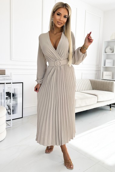  504-2 VIVIANA Pleated midi dress with a neckline, long sleeves and a wide belt - beige colour 