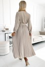  504-2 VIVIANA Pleated midi dress with a neckline, long sleeves and a wide belt - beige colour 