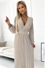  504-2 VIVIANA Pleated midi dress with a neckline, long sleeves and a wide belt - beige colour 