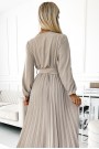  504-2 VIVIANA Pleated midi dress with a neckline, long sleeves and a wide belt - beige colour 