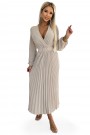  504-2 VIVIANA Pleated midi dress with a neckline, long sleeves and a wide belt - beige colour 
