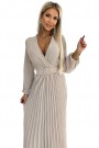  504-2 VIVIANA Pleated midi dress with a neckline, long sleeves and a wide belt - beige colour 