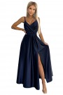  512-2 JULIET elegant long satin dress with a neckline - navy blue 
