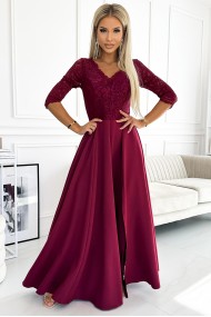 309-9 AMBER elegant long maxi dress with lace neckline - burgundy 