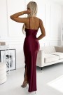  483-4 DIANE satin long dress with a leg slit - Burgundy color 