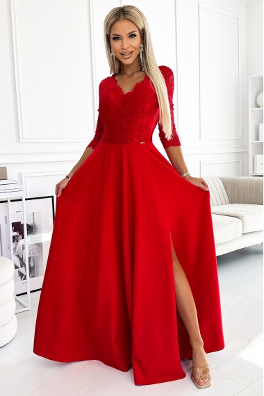  309-8 AMBER lace, elegant long dress with a neckline and leg slit - red 