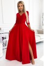  309-8 AMBER lace, elegant long dress with a neckline and leg slit - red 