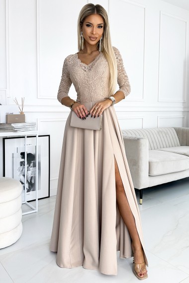  309-10 AMBER lace, elegant long dress with a neckline and leg slit - beige 