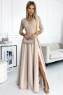  309-10 AMBER lace, elegant long dress with a neckline and leg slit - beige 