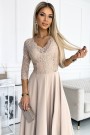  309-10 AMBER lace, elegant long dress with a neckline and leg slit - beige 