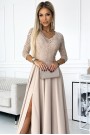  309-10 AMBER lace, elegant long dress with a neckline and leg slit - beige 