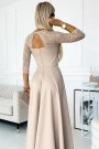  309-10 AMBER lace, elegant long dress with a neckline and leg slit - beige 