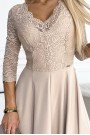  309-10 AMBER lace, elegant long dress with a neckline and leg slit - beige 
