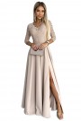  309-10 AMBER lace, elegant long dress with a neckline and leg slit - beige 