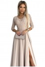  309-10 AMBER lace, elegant long dress with a neckline and leg slit - beige 