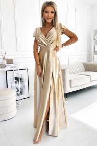 411-7 CRYSTAL satin long dress with a neckline - gold 