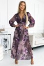  520-1 Pleated chiffon long dress with a neckline, long sleeves and a wide belt - purple large flowers 