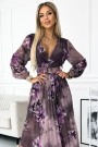  520-1 Pleated chiffon long dress with a neckline, long sleeves and a wide belt - purple large flowers 