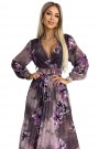  520-1 Pleated chiffon long dress with a neckline, long sleeves and a wide belt - purple large flowers 