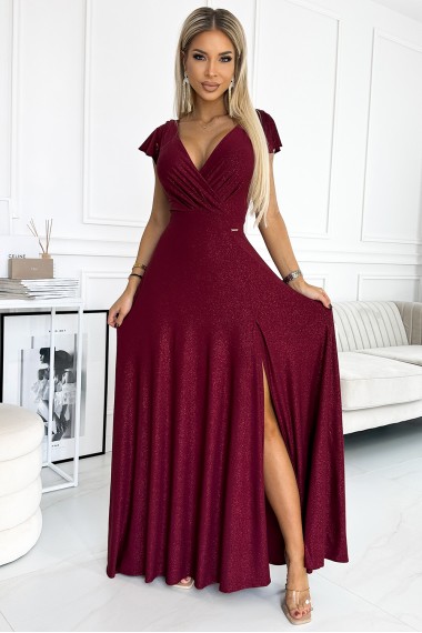  411-8 CRYSTAL long shimmering dress with a neckline - Burgundy color 