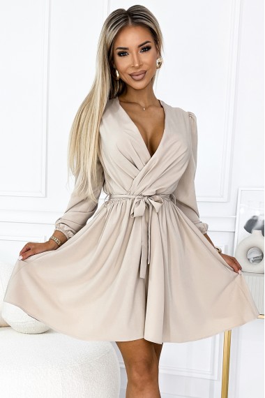  339-4 BINDY Feminine dress with a neckline and belt - beige 