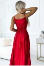  512-5 JULIET elegant long satin dress with a neckline and leg slit - red 