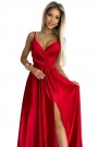  512-5 JULIET elegant long satin dress with a neckline and leg slit - red 