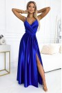  512-4 JULIET elegant long satin dress with a neckline and leg slit - royal blue 