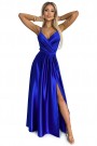  512-4 JULIET elegant long satin dress with a neckline and leg slit - royal blue 
